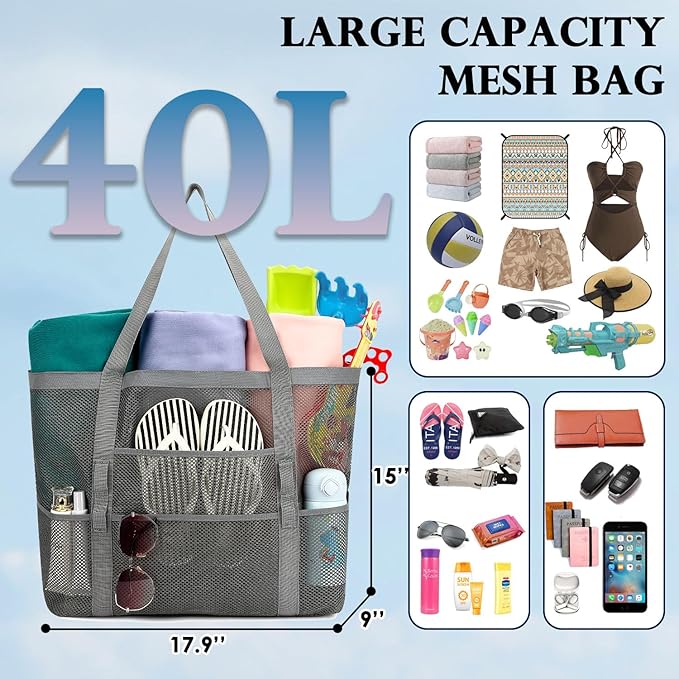 Fammart Mesh Beach Bag, Large Beach Tote with Zipper Pocket for Family Pool Bag for Toys & Vacation Essentials