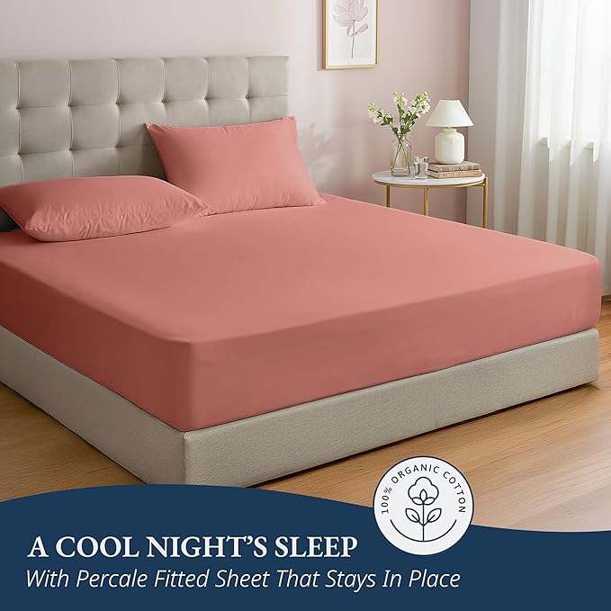 LANE LINEN King Size Fitted Sheet, 100% Organic Cotton, 3-Piece Set (1 Fitted Sheet,2 Pillowcases), Percale Weave, Ultra Soft, Breathable,Fits Mattress Upto 15" Deep - Rose Dawn (No Flat Sheet)