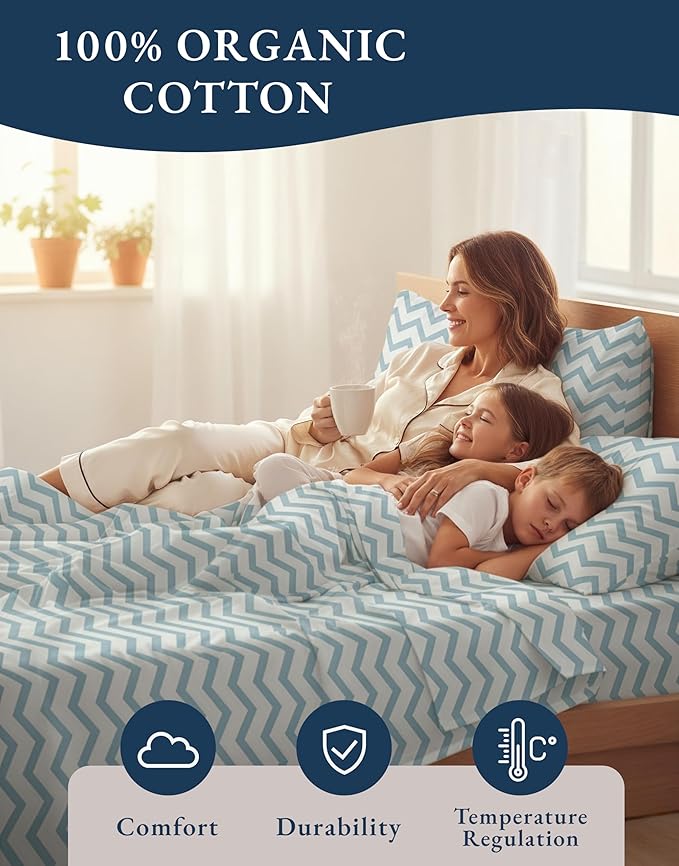 LANE LINEN 100% Organic Cotton Twin Size Bed Sheets, Fully Elasticized Mercerised Cotton Naturally Cooling Twin Bed Sheets Machine wash Ecor Friendly Prined Deep Pocket Sheets -Chevron Design