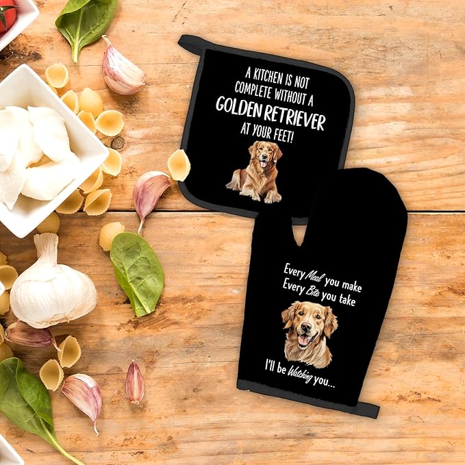 Golden Retriever Gifts for Women, Dog Oven Mitts and Pot Holders Sets, Golden Dog Decor Kitchen Accessories Sets, GoldenRetriever Heat Resistant Oven Glove Potholders for Kitchen Baking