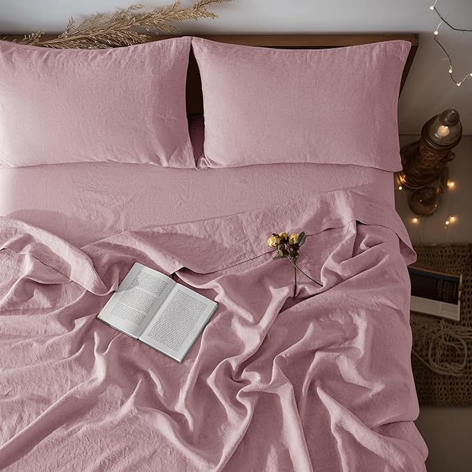 LBRO2M 100% Linen Sheet Set Twin XL Size,Bed Sheets 3 Piece Sets,Solid Color Natural Flax Bed Sheets Soft Breathable Bedding,16" Deep Pocket,All Season (Twin XL, Embroidery Purple)