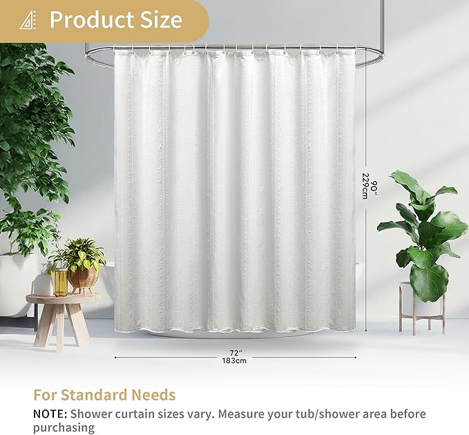 Lameirose Extra Long White Shower Curtain Boho, 72 x 90 Cotton Blend Waffle Weave Stripe Textured Heavy Duty, Fabric Shower Curtain for Bathroom, Hotel, Washable