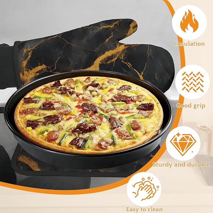 Marble Oven Mitts and Pot Holders Set,Black Gold Marble Kitchen Decor Heat Resistant Non Slip Hot Pads and Oven Mitt for Chef Cooking Baking BBQ Mom Girl Gifts(4 Piece Set)