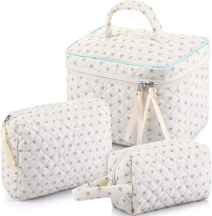 Paterr Makeup Bag Set 3 Pcs Large Quilted Cotton Make up Bags for Women Cosmetic Travel Toiletry Organizer Pouch Cute Aesthetic Storage Purse(White,Little Flower)