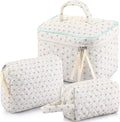 Paterr Makeup Bag Set 3 Pcs Large Quilted Cotton Make up Bags for Women Cosmetic Travel Toiletry Organizer Pouch Cute Aesthetic Storage Purse(White,Little Flower)