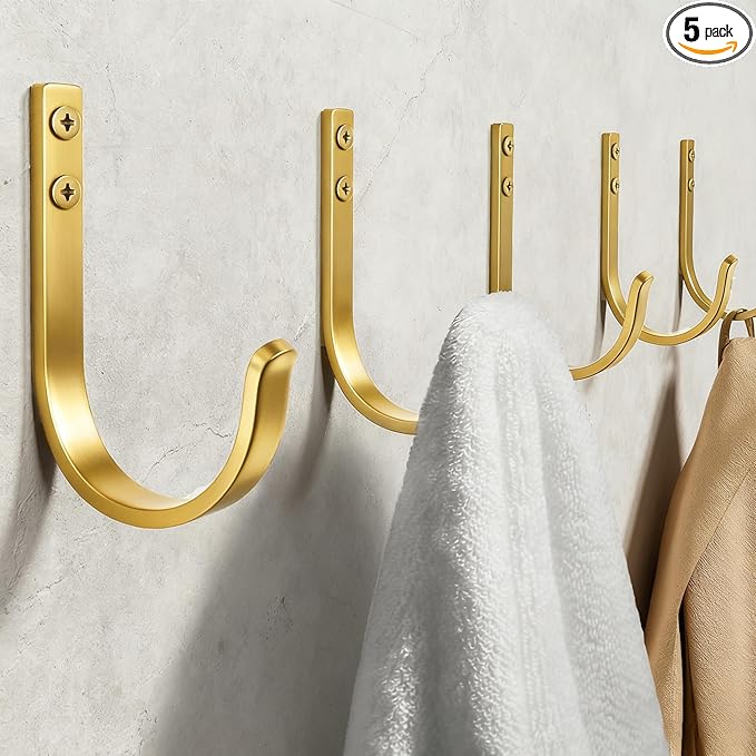 Josmimic Wall Hooks for Hanging Towel/Coat - 22LB Screw in Metal Hanger Wall Mount, for Outdoor, Closet, Door, Bathrooms, for Backpack, Robe, Brushed Gold 5 Pack