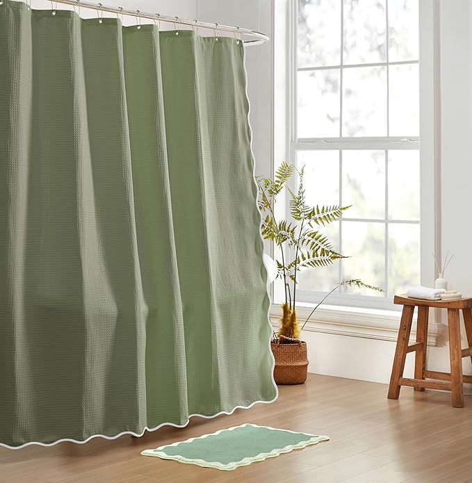 MONDAY MOOSE Scalloped Waffle Weave Shower Curtain with Rustproof Metal Grommet Holes for Bathroom, Machine Washable, Hooks Included (72x72 inch, White/Sage)
