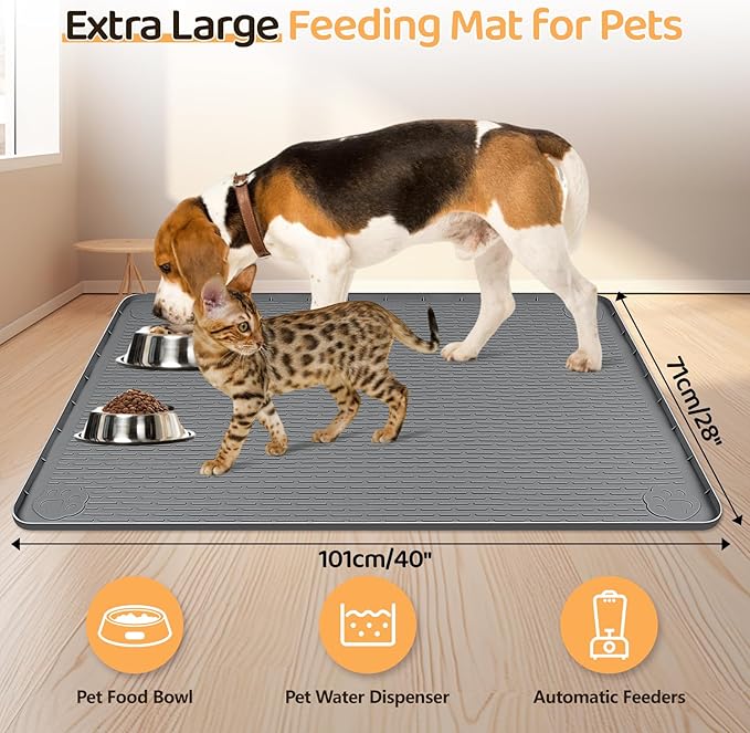 Bartuke Dog Food Mat, Extra Large 40" x 28" Silicone Pet Feeding Mat with Raised Edge Pet Placemat for Small, Medium, and Large Pets Non-Slip, Easy to Clean (Dark Grey)
