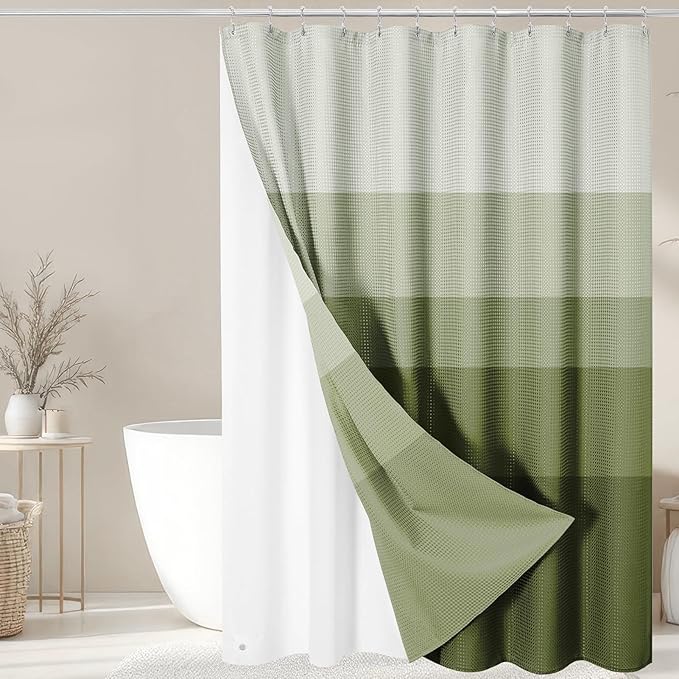 Nesphy Shower Curtain and Liner, Sage Green Ombre Striped 3 in 1 Shower Curtain and PEVA Liner Set with 12 Rust-Resistant Metal Hooks, Waterproof Fabric Shower Curtains for Bathroom, 72 W x 72 H