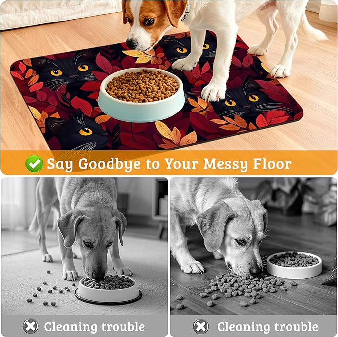 Dog Bowl Mat,Black Cat Pet Feeding Mat for Floors Waterproof,Forest Red Absorbent Dogs Placemat for Food and Water Quick Dry Pet Cat Feeding Mats with Non Slip Bottom 16" x 24"
