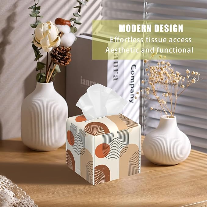 Boho Leather Tissue Box Holder Abstract Line Art Tissue Box Cover Facial Paper Case Organizer Cube Napkin Dispenser for Bathroom Vanity Countertop Night Stand Office Car