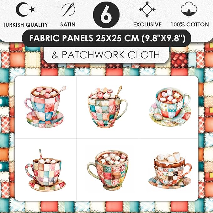Patchwork Hot Cocoa Cotton Fabric Panel – 6 Designs (10×10 inch Each) + Bonus Sheet 29.5×19.6 inch, 100% Cotton 140 GSM, Made in Türkiye