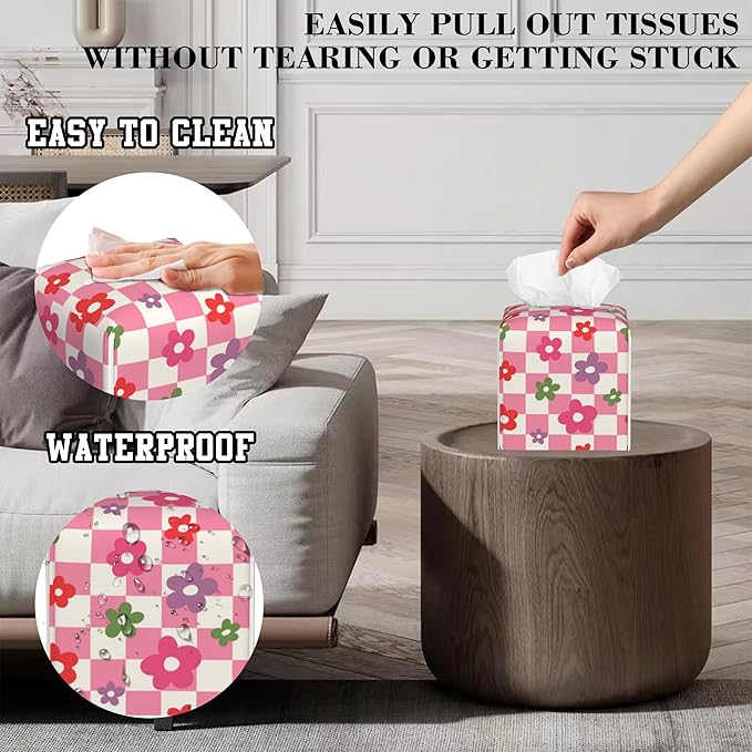 OHEGBXE Tissue Box Holder Vintage Groovy Flower on Checkered Square Leather Tissue Box Cover Modern Cube Facial Paper Cover Case for Bathroom Vanity Countertop Night Stands Tabletop