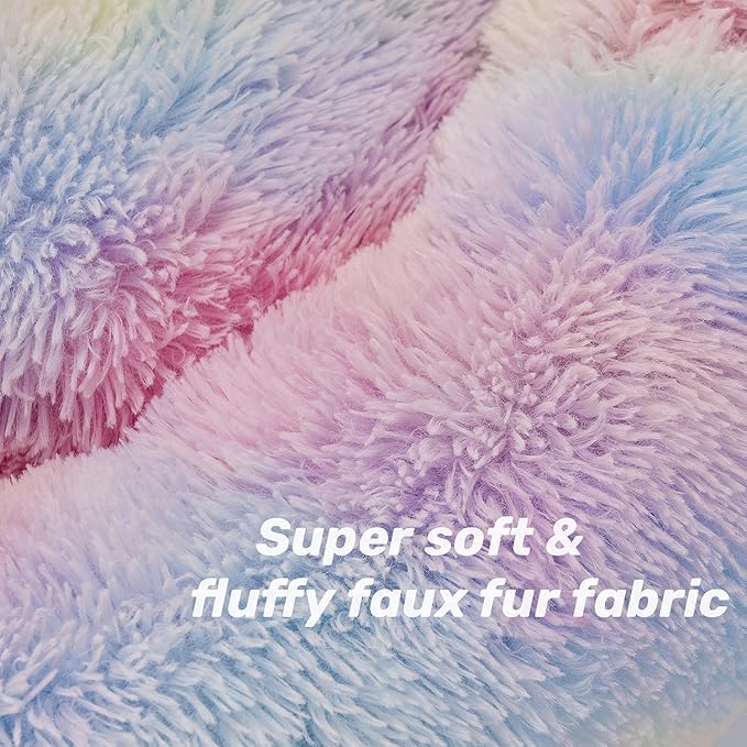 Raimaiso Anti Anxiety Round Fluffy Plush Faux Fur Warm Washable Dog Bed & Cat Bed, Original Bed for Small Medium Large Pets,Used to Relieve Joints and Improve Sleep（20"/24"/27''） (20", Rainbow)