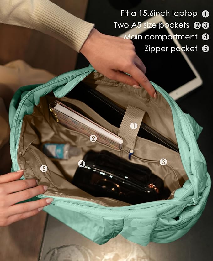 Uselike Tote Bag for Women, Lightweight Puffer Tote Work Bags with Compartments for Travel, Quilted Shoulder Bag with Zipper