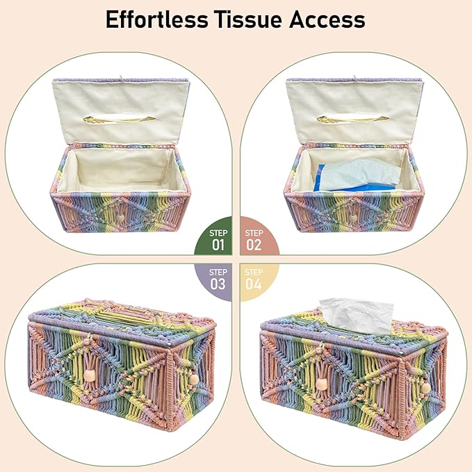 KaloKalo Handmade Tissue Box Cover Rectangle Decorative Macrame Boho Tissue Holder Cotton Rope Woven Napkin Facial Paper Organizer Bohemian Desk Storage Container with Buckle Wood Beads (Rainbow)
