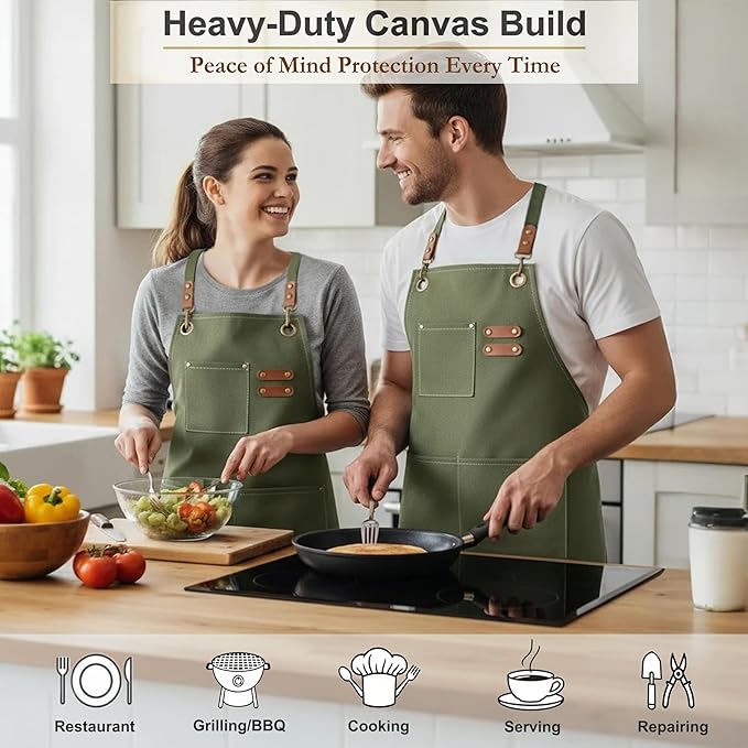 Canvas Work Apron for Men Women with 3 Pockets Heavy Duty Crossback Kitchen Chef Aprons for Cooking Grilling Barista