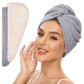 SimpleField 2 Pack Microfiber Hair Towel Wrap for Women, Anti Frizz Quick Drying Hair Turban for All Hair Style, Absorbent and Lightweight (Beige + Grey)