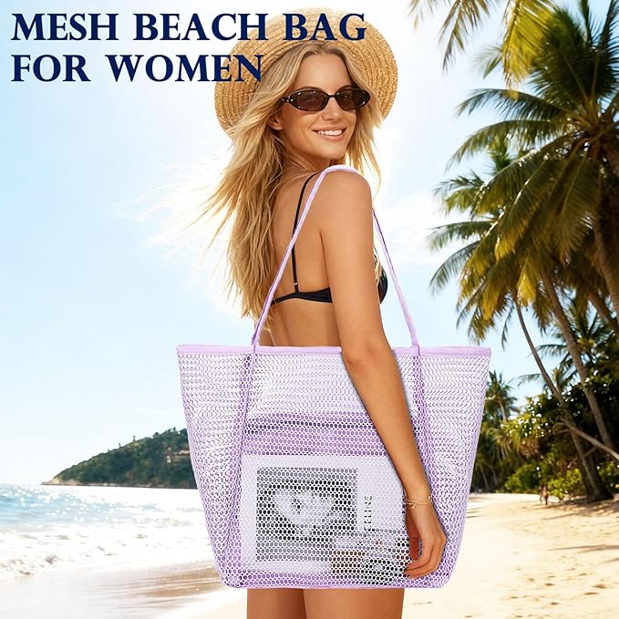 Fammart Mesh Beach Bag, Large Beach Tote with Zipper Pocket for Family Pool Bag for Toys & Vacation Essentials