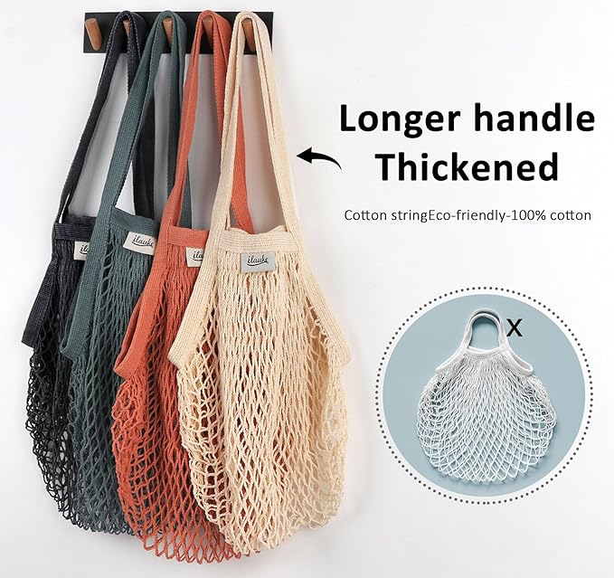 Lemonfilter Mesh Produce Bags, 5 Pack Large Reusable Mesh Grocery Bag Washable Cotton String Organizer Shopping Bags with Handle, Net Tote Bag for Vegetables Fruit Farmers Market Shopping (4 color)