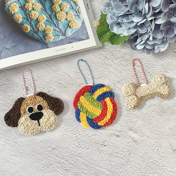 HAND U JOURNEY 3Pcs Embroidery Punch Needle Bachpack Charm Kit, Original Design with 2.2mm Punch Tool, Threads and Hoop. Random Color Chain (Puppy)