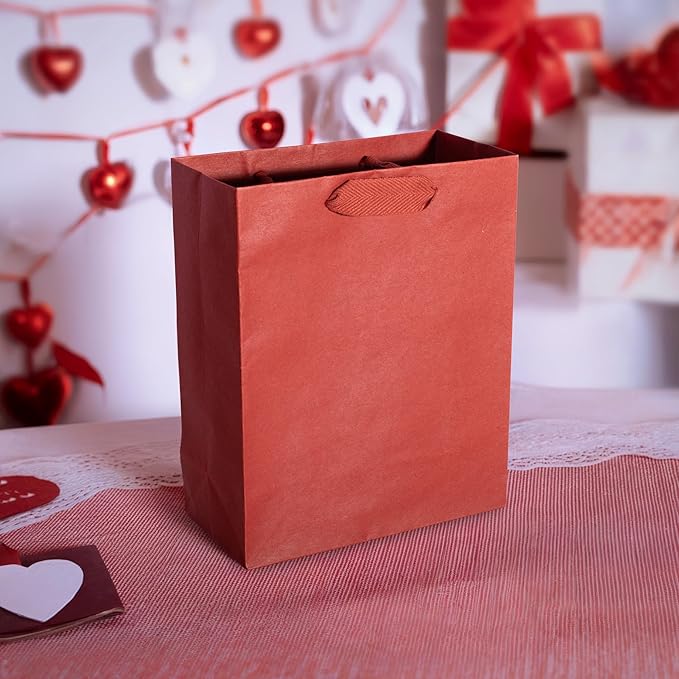 Prime Line Packaging Red Gift Bags, Kraft Paper Christmas Gift Bags with Handles for Kids, Holidays, Wrapping, Weddings, Party Favors, Small Shopping Bags, 8x4x10, 50 Pack