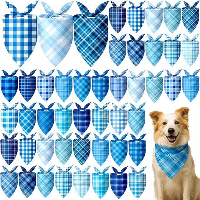 Abbylike 50 Pcs Winter Plaid Dog Bandanas Bulk Blue Bandanas for Dogs Triangle Kerchief Bibs Scarf Set for Pet Winter Costume Photo Props Accessories Pet Shops (31.5 x 21.7 x 21.7 Inch)