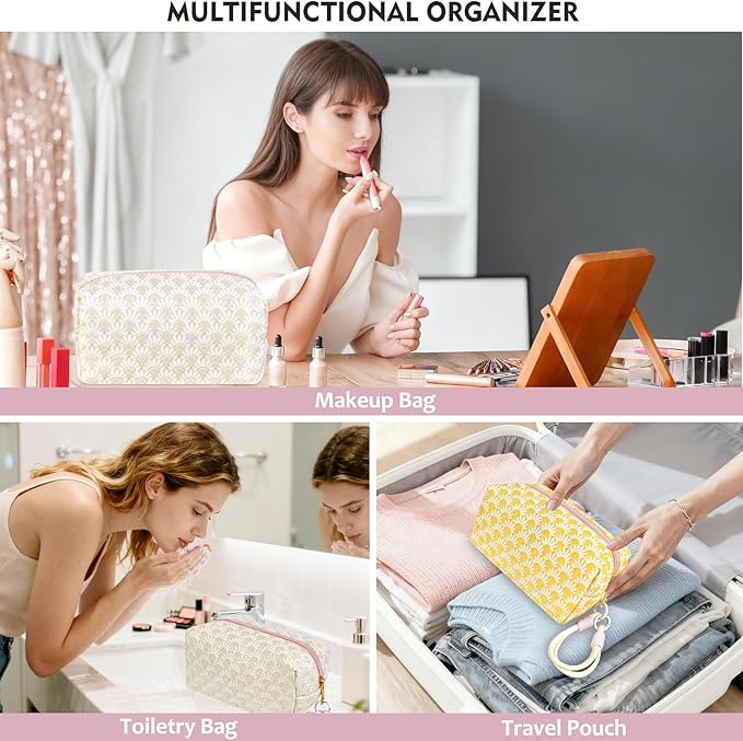 STARDW Aesthetic Floral Makeup Bag with Wrist Strap, Small Cute Cosmetic Pouch for Women with Zipper and Canvas Lining