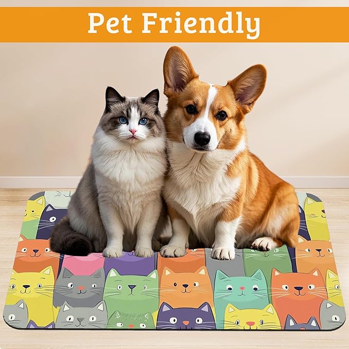 Cute Colorful Cats Dog Food Mat,Absorbent Pet Feeding Mat for Food and Water Bowl,Quick Dry Dog Placemat Non Slip Rubber Backing Waterproof Pet Supplies 16" x 24"