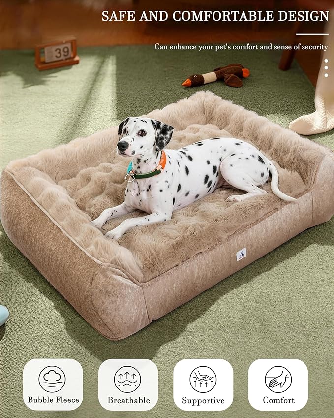 Welfibr Fluffy Faux Fur XL Dog Bed Large Sized Dog Washable Rasied Dog Bed Orthopedic Dog Beds with Sides Noiseless Supportive Dog Couch Anti-Slip Comfort Pet Beds with Removable Cover Brown 48"