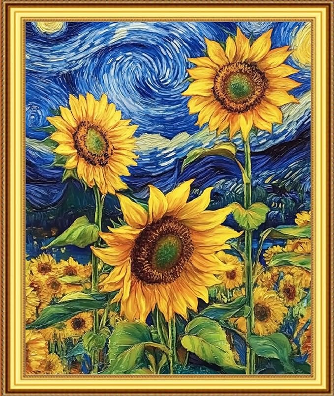 Foxnyart Stamped Cross Stitch Kits Full Range of Embroidery Needlework Starter Kits for Beginners Adults 11CT Embroidery Patterns Art Crafts DIY Needlepoint Kit-Van Gogh Sunflowers 16x20 inchs