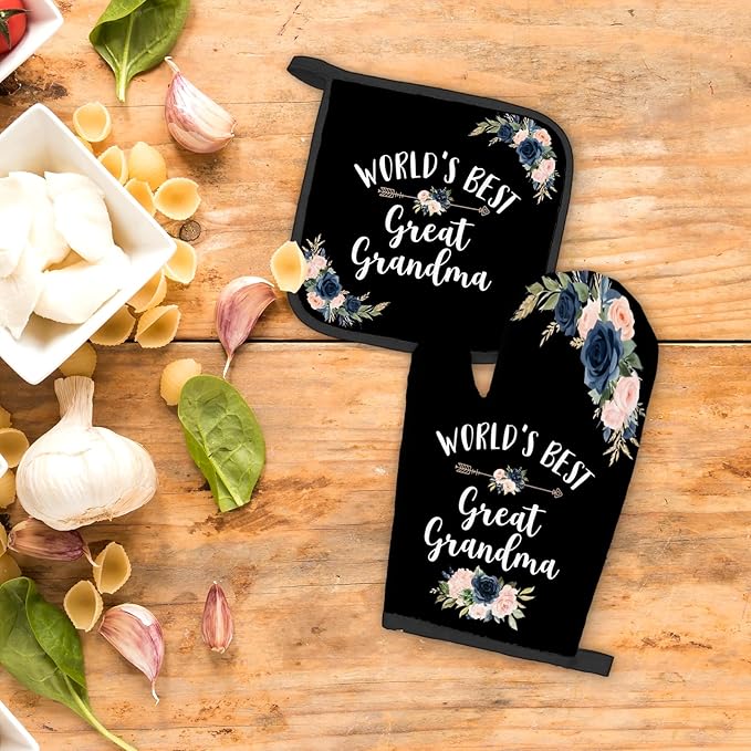 Great Grandma Gifts Oven Mitts and Pot Holders Sets, Gifts for Great Grandma Kitchen Decor Accessories Sets, World’s Best Great Grandma Heat Resistant Oven Glove Potholders for Kitchen Cooking