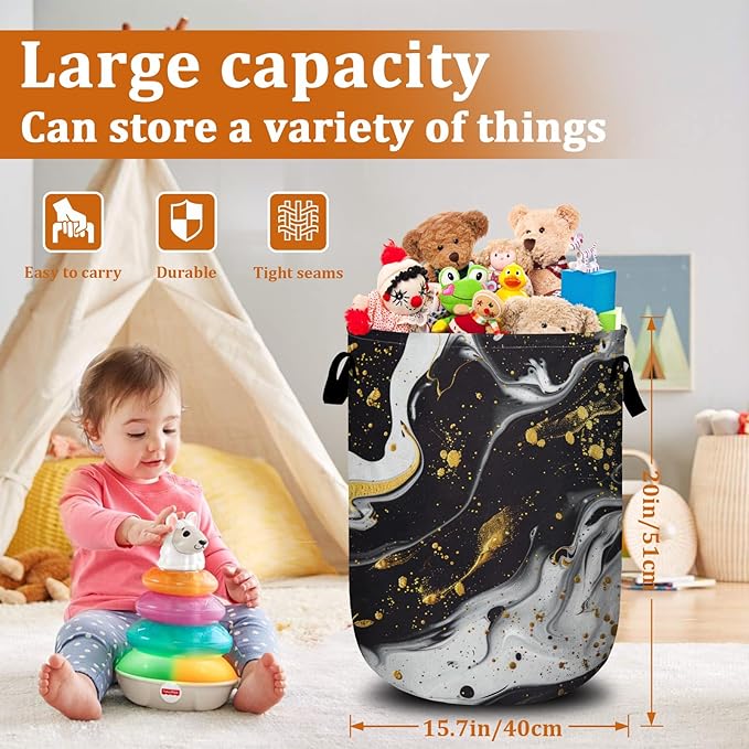 Black White Marble Laundry Basket with Sturdy Handles, Collapsible Oxford Cloth Laundry Hamper Organizer Basket for Bathroom Bedroom 15.7x20 Inch