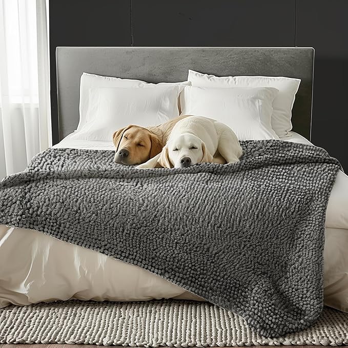 Muddy Mat® Dog Blanket - Chenille Water Absorption Blanket for Bed & Couch Cover for Dogs Washable, Anti-Slip Soft and Durable Furniture Protector for Dogs - Grey 52"x72"
