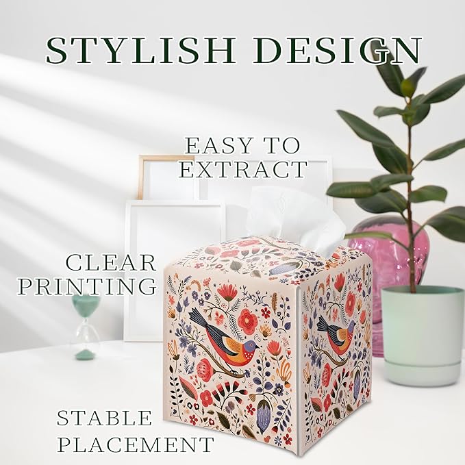 Scandi Bird Tissue Box Holder, Scandinavian Boho Leather Tissue Box Cover Square, Paper Napkins Everyday Dispenser for Bathroom Vanity Countertop Night Stands Kitchen Office Car Home Decor