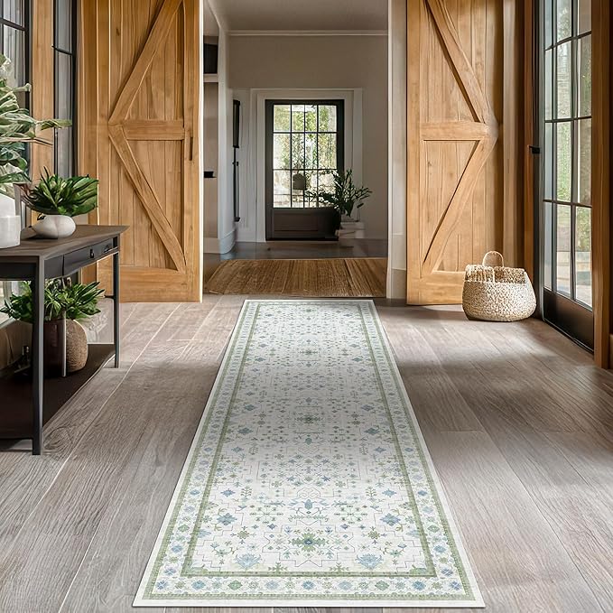 Oushak Wide Hallway Runner Rug 2'6"x8' - Vintage Turkish Floral, Washable Low Pile Non Slip Extra Long Runners for Kitchen, Hall Way - Cream Blue and Green