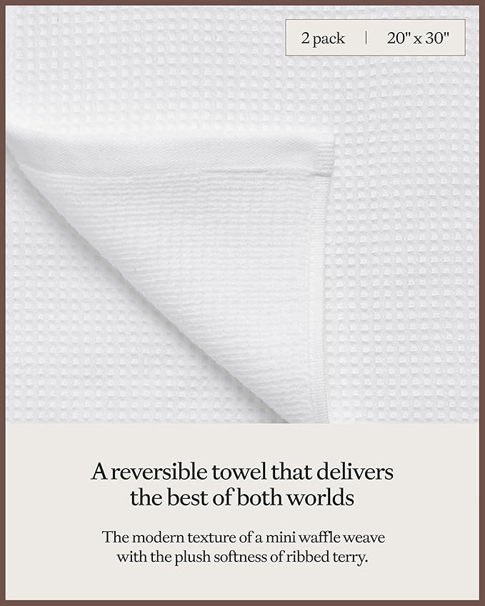 Cozy Earth Waffle Hand Towels - 60% Cotton 40% Viscose from Bamboo Hand Towels 20 x 30 Inches - Soft & Absorbent Terry, Reversible Mini Textured Waffle & Weave Pattern - 2 Pack