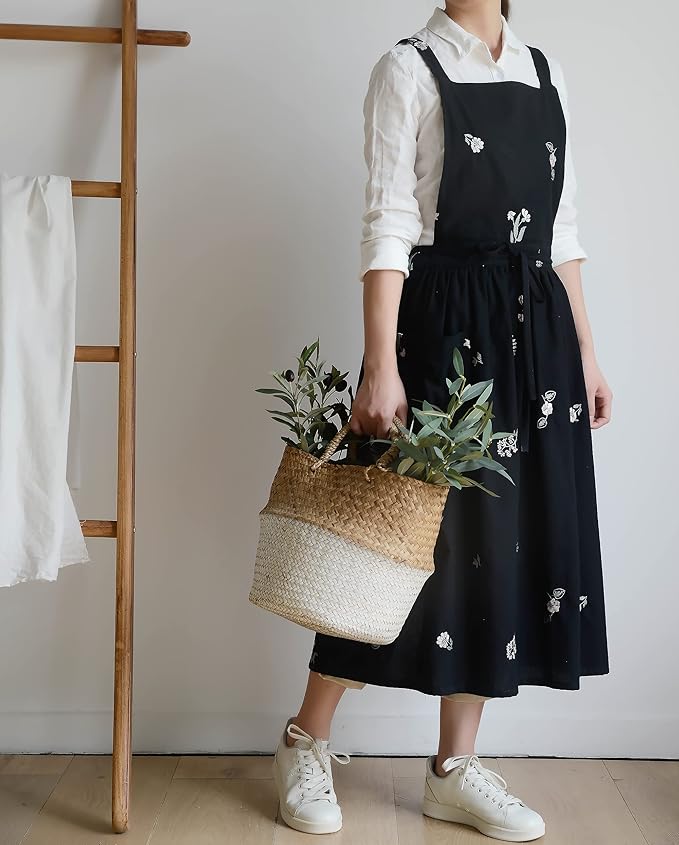 Japanese apron Women-Cross Back Apron for Women with Pockets, Pinafore Aprons, Womens Cotton Linen Apron