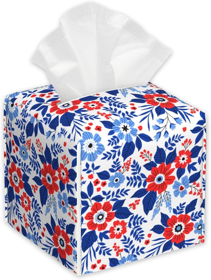 Red and Blue Flowers Tissue Box Cover Square,Tissue Box Holder with Belt Bottom,Stylish Leather Napkin Holder for Vanity Countertop,Nightstands,Office Desk,5.2"×5.2"×5.2"