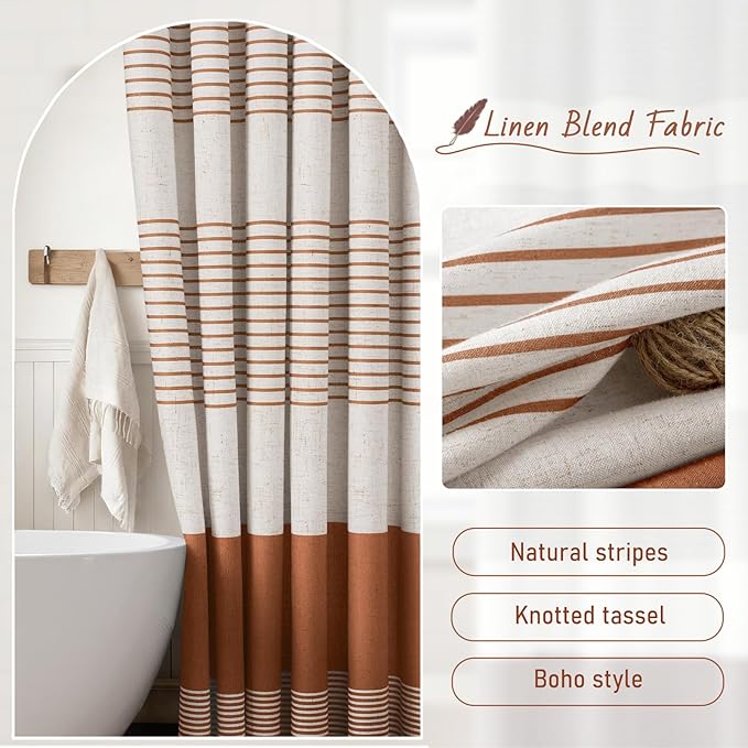 XOGUIBO Fall Shower Curtain Boho Linen Striped Shower Curtains for Bathroom with Tassel 72 X 72 Orange
