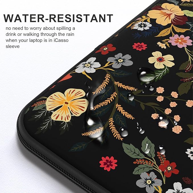 iCasso Laptop Sleeve 13 inch for MacBook Air 13-13.6 inch, Cute Laptop case for MacBook Pro 13 inch, Slim Protective Travel Carrying Case for MacBook Pro 14 inch, Chromebook, HP, Dell, Black Floral