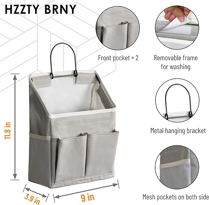 HZZTY BRNY 2pcs Wall Hanging Storage Bag, Small Door Closet Linen Fabric Pockets Organizer, Waterproof Multi Functional for Living Room Bedroom Bathroom Kitchen RV Camper with Hooks All Grey