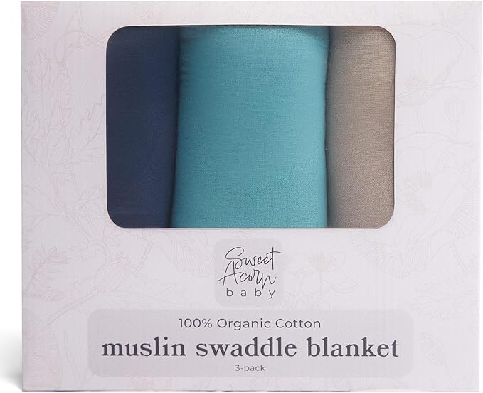 Sweet Acorn Muslin Swaddle Blanket – Soft Cotton Muslin Baby Blanket for Newborns, Infants, and Toddlers, All-Season Comfort Baby Essential - Blue, Teal, Grey