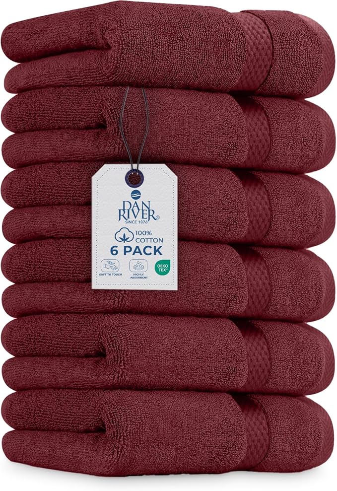 DAN RIVER 6-Pack Premium Hand Towels (16x28 Inches) - 100% Cotton, Ultra Soft, Lightweight, Highly Absorbent Towels for Bathroom, Spa, Gym, Salon, Hotel, and Travel - Pomegranate