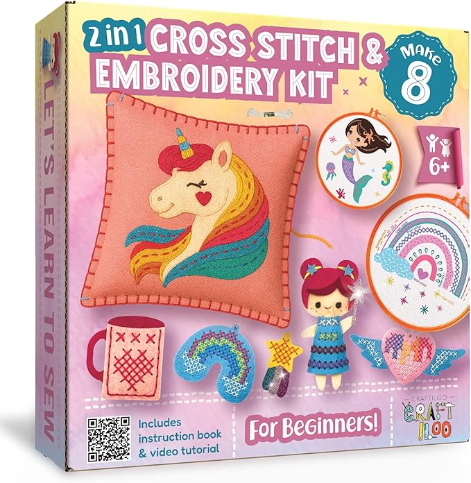 CRAFTILOO 2 in1 Cross Stitch & Embroidery Kit for Kids Ages 6+ Make 8 Projects Backpack Charms, Keyring, Doll, Wall Art, Unicorn Pillow & Card Holder Beginner Needlepoint & Creative Gift Set