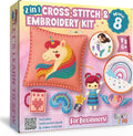 CRAFTILOO 2 in1 Cross Stitch & Embroidery Kit for Kids Ages 6+ Make 8 Projects Backpack Charms, Keyring, Doll, Wall Art, Unicorn Pillow & Card Holder Beginner Needlepoint & Creative Gift Set