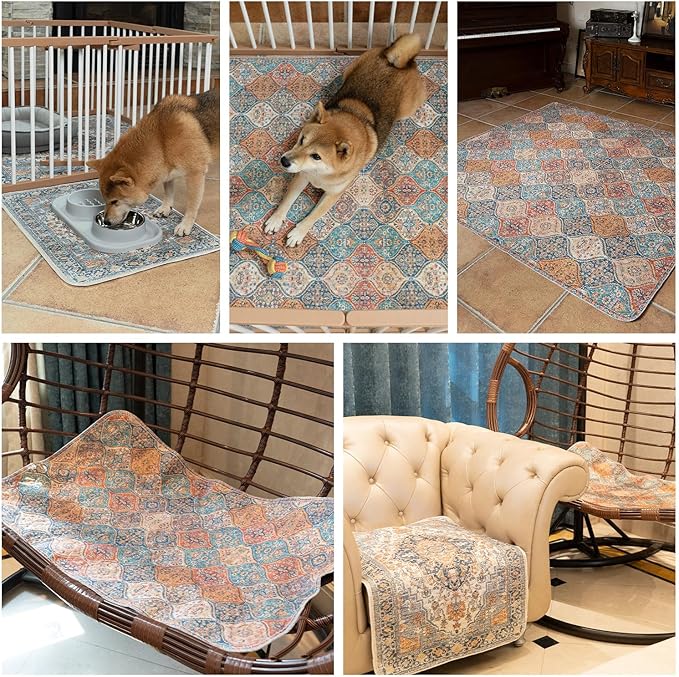 nunubaby Washable Pee Pads for Dogs, Stylish, Non-Slip and Leak-Proof Pee Pads. Reusable Potty Pads for Dogs for Crates and Floors.(Beige/Multi, 24" x48" )