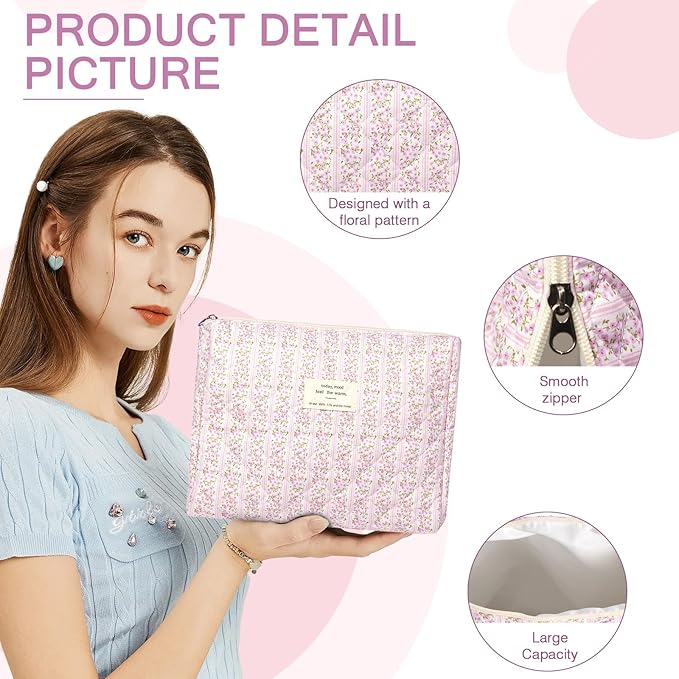 Gosect 2PC Makeup Bag Set, Cute Cosmetic Bag for Women Girls, Floral Coquette Aesthetic Toiletry Bag, Travel Make Up Organizer Bag (Pink Floral)