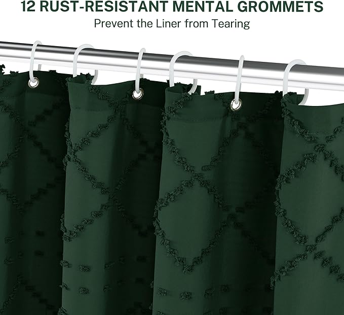 Siiluminisoy Dark Green Boho Shower Curtain Woven Fabric Cute Shower Curtain, 72 x 72 Tufted Chevron Textured Striped Modern Farmhouse Minimalist Cloth Shower Curtains for Bathroom