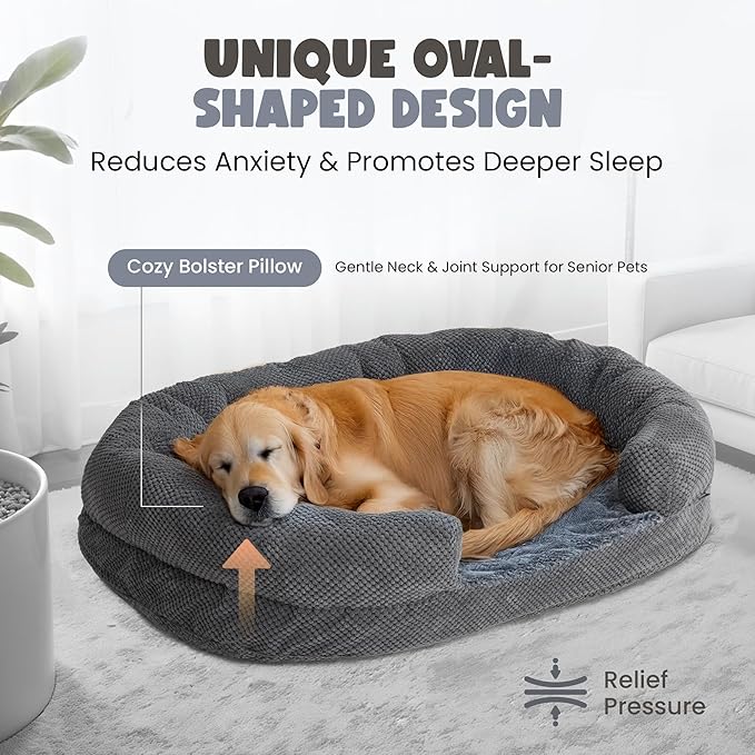 Miorun Orthopedic Dog Bed for Large Dogs, Egg Crate Memory Foam Fur Sofa with Comfortable Sides, Soft and Big Dog Couch Bed with Washable Removable Cover and Non-Slip Oval Bottom, 43" Grey